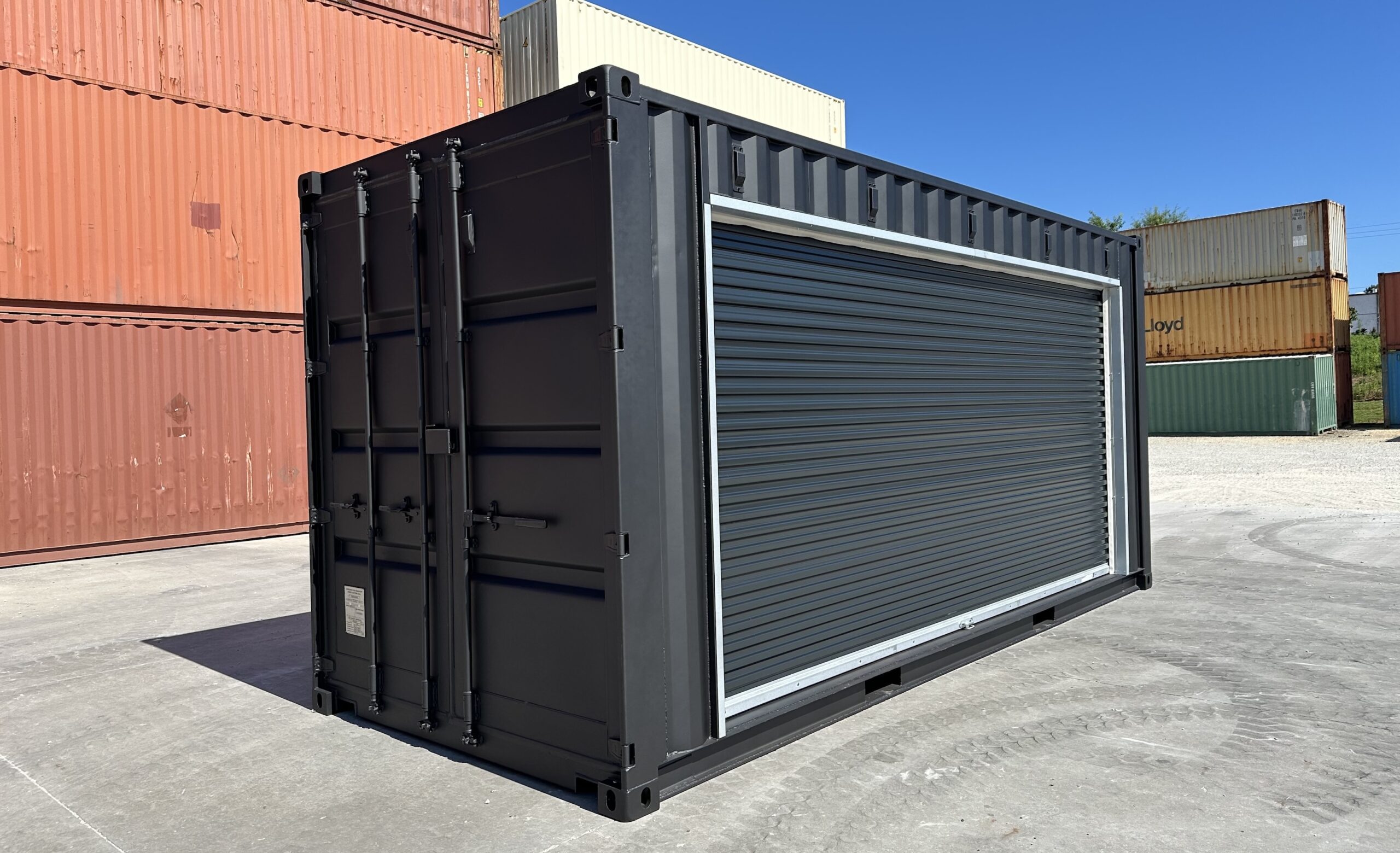 shipping container modified with custom doors for EV battery storage