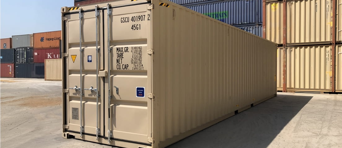 a tan 40ft shipping container, used as an example of shipping container sizes and options buyers can choose from when picking out a shipping container.